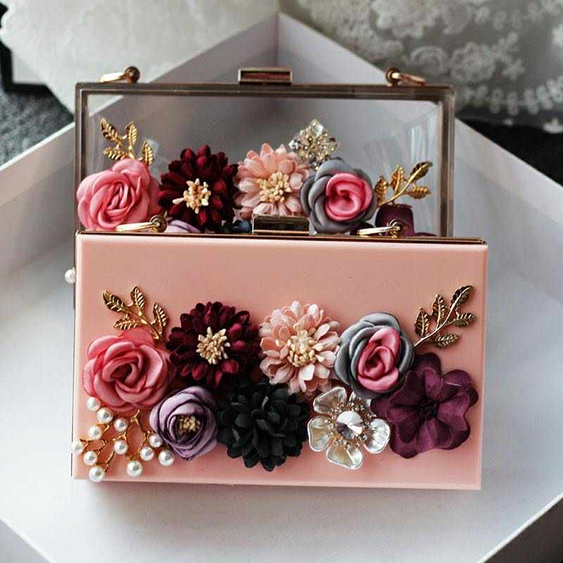 Blush Pink Floral Box Clutch with 3D Flower Embellishments – Romantic Evening Purse