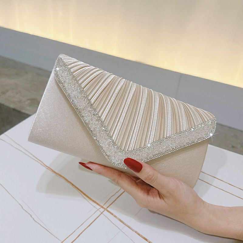 Champagne Crystal Trim Pleated Clutch – Elegant Bridal & Party Purse