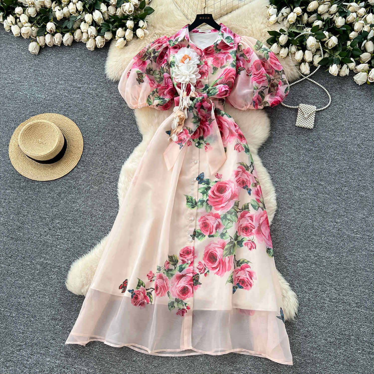 Blush Pink Organza Rose Garden Dress – Puff Sleeve Button-Down Maxi