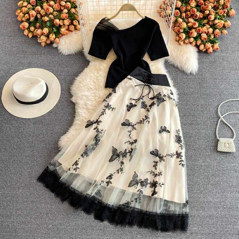 Butterfly Embroidered Mesh Skirt Set – Elegant Black & White Two-Piece