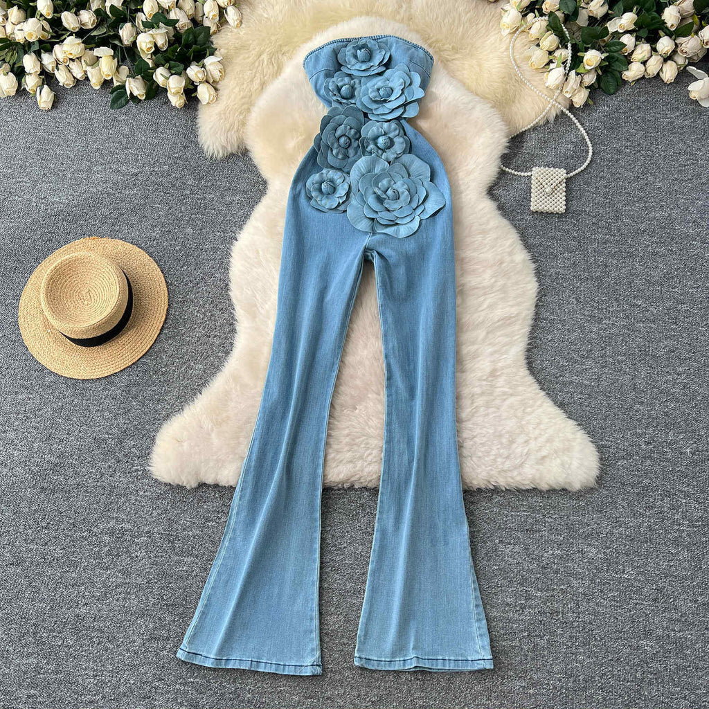 Blue Denim 3D Floral Strapless Jumpsuit – Statement Party Wear