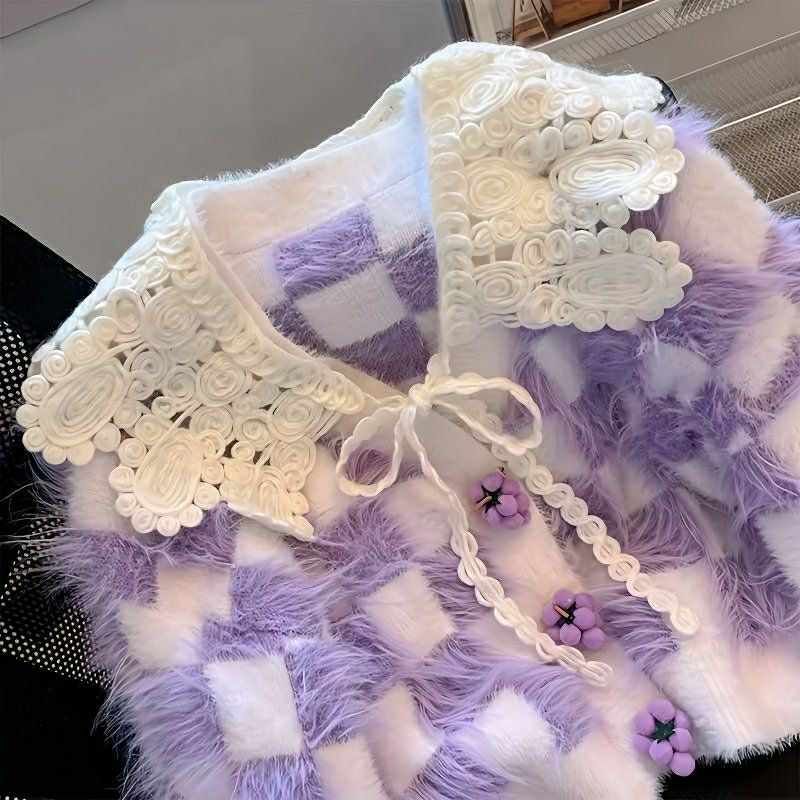 Whimsy Lavender Checkered Knit Cardigan with Lace Collar