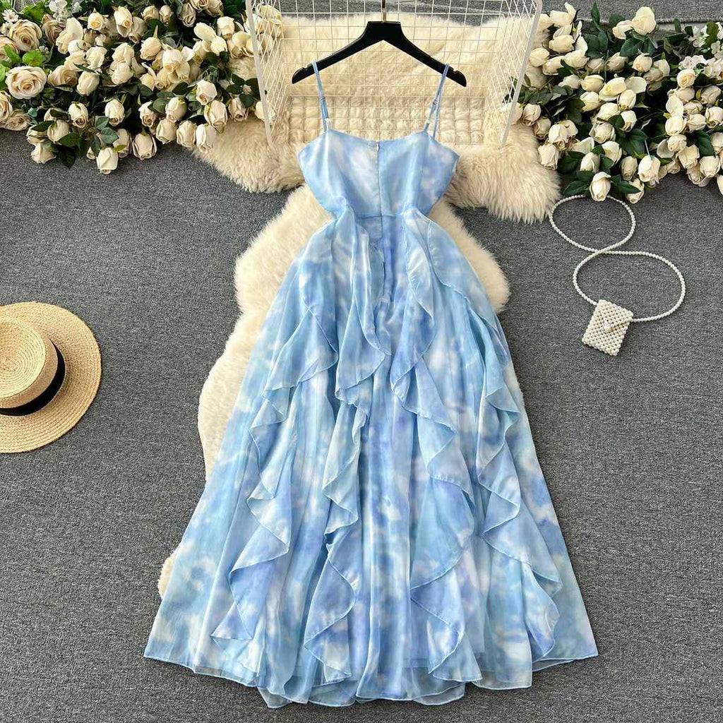 Sky Blue Ruffle Layered Maxi Dress – Spaghetti Strap Gown