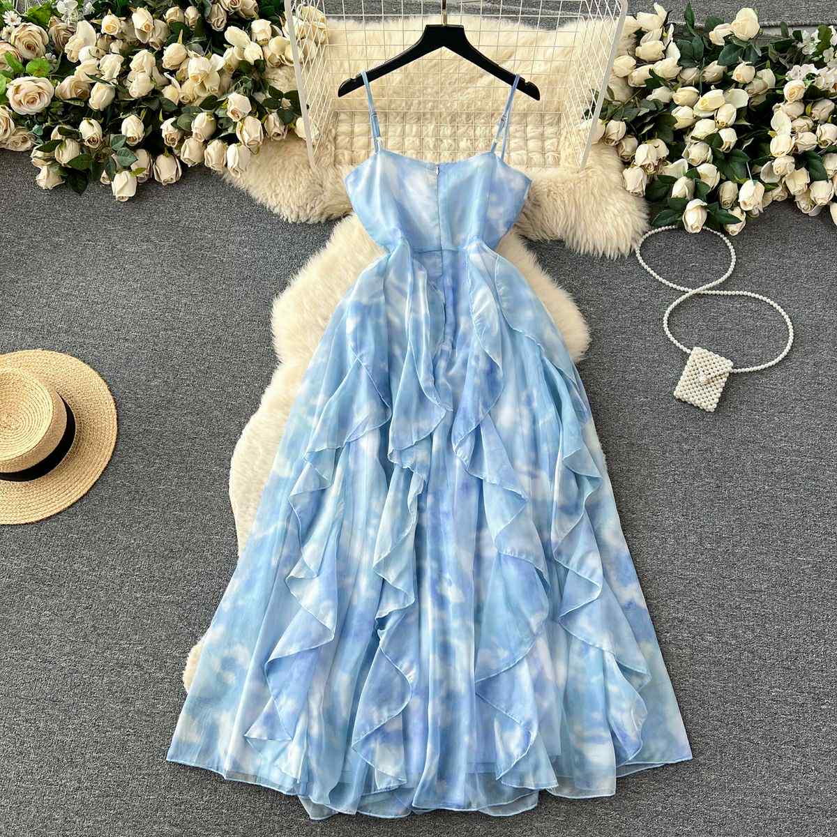Sky Blue Ruffle Layered Maxi Dress – Spaghetti Strap Gown