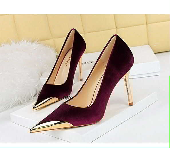 Velvet Gold-Tipped Stiletto Heels – Royal Plum Elegance
