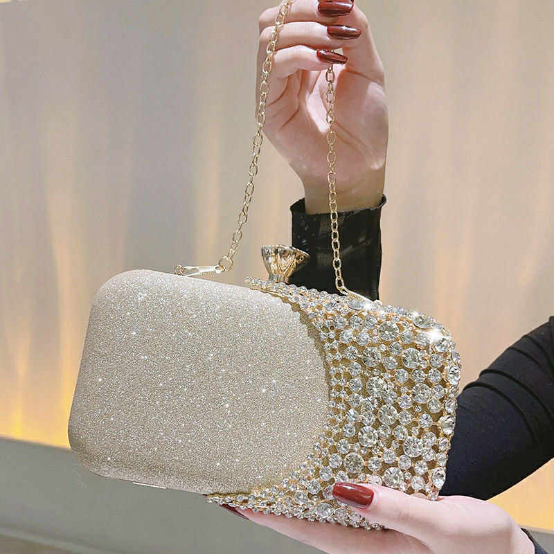 Luxury Rhinestone Evening Clutch – Golden Sparkle with Crystal Crown Clasp