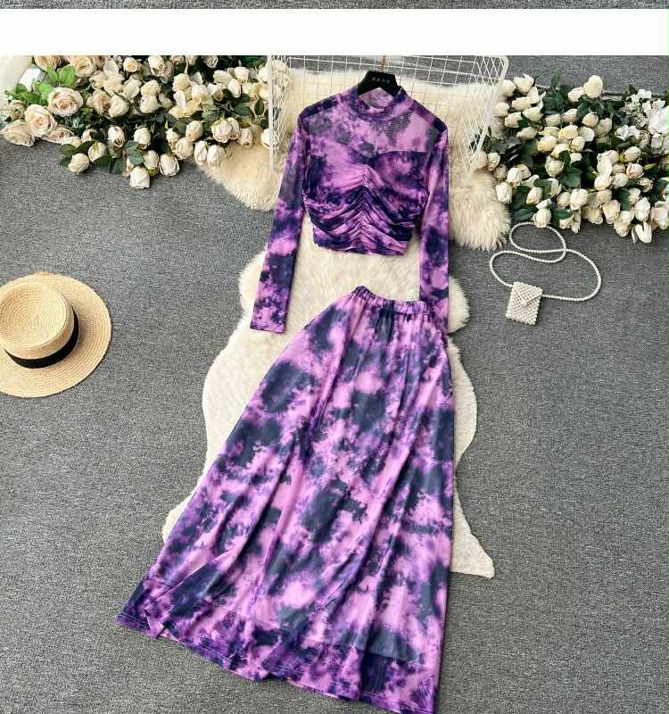 Purple Tie-Dye Ruched Crop Top & Maxi Skirt Set – 2 Piece