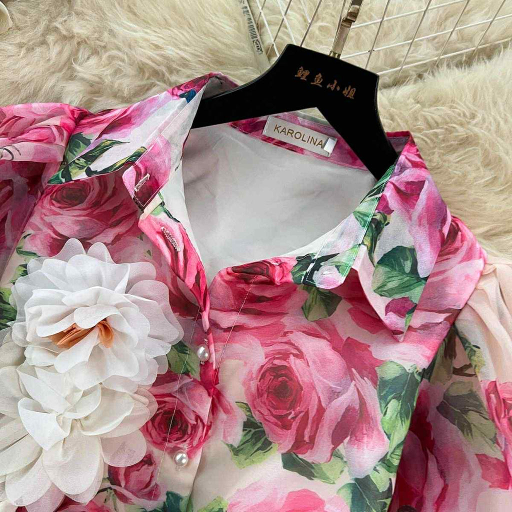 Blush Pink Organza Rose Garden Dress – Puff Sleeve Button-Down Maxi