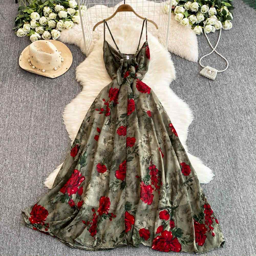 Vintage Olive Rose Dress – Red Floral Print Backless Gown