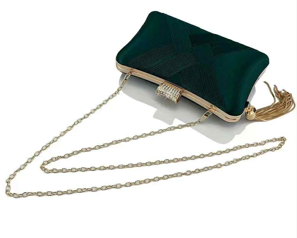 Emerald Satin Clutch with Rhinestone Clasp & Gold Chain – Glam Evening Purse