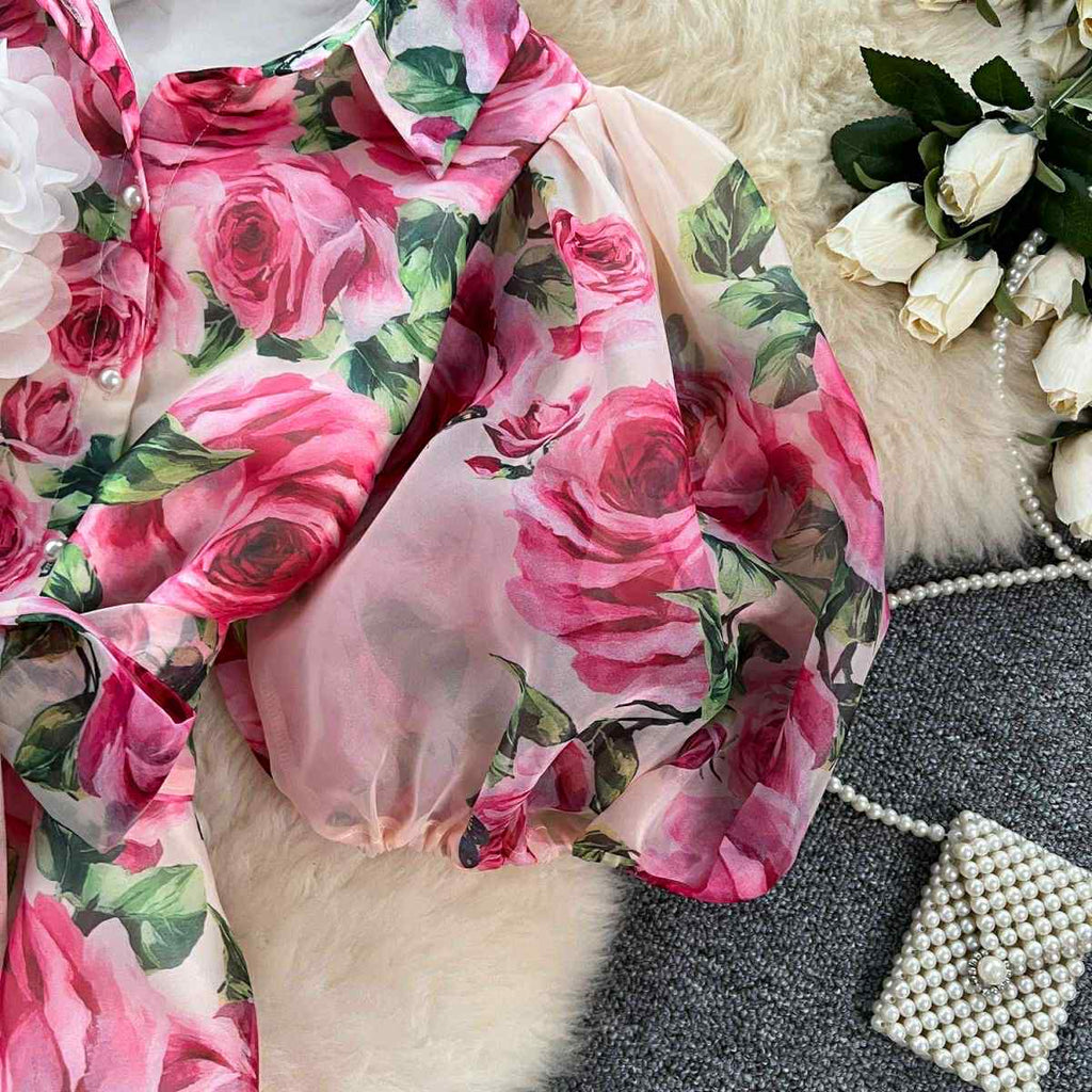Blush Pink Organza Rose Garden Dress – Puff Sleeve Button-Down Maxi