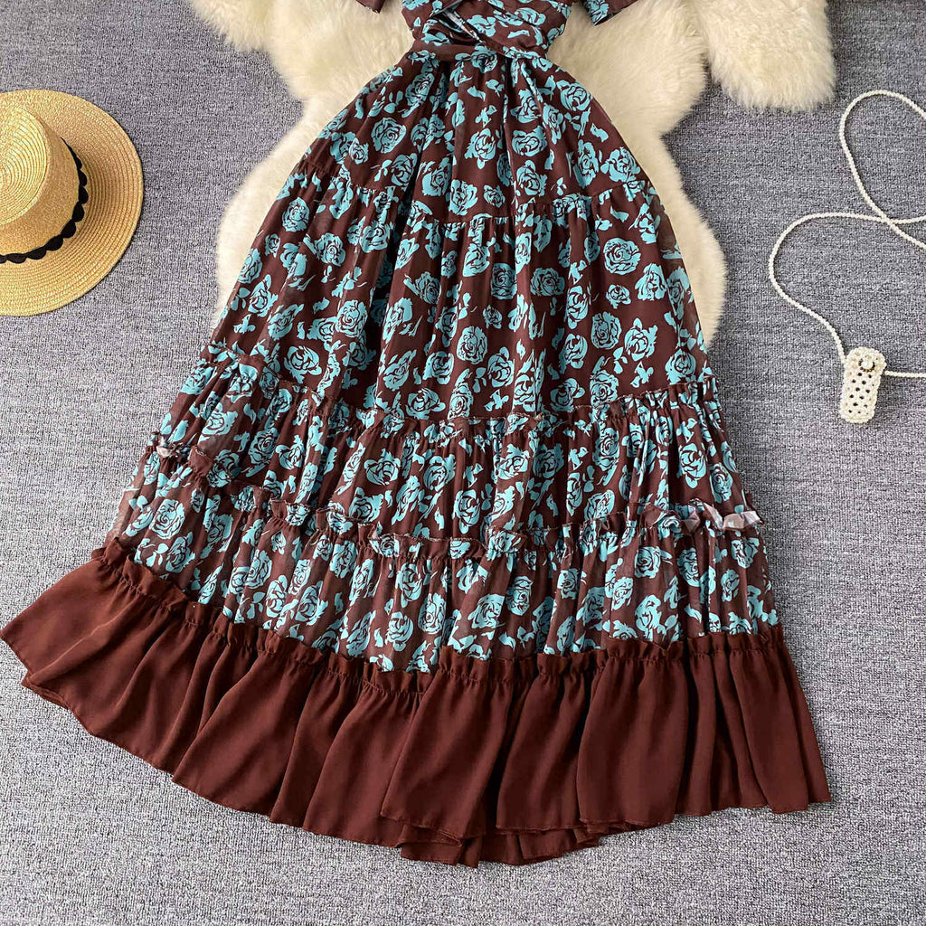 Floral Vintage Ruffle Maxi Dress – Boho Summer Off-Shoulder Gown