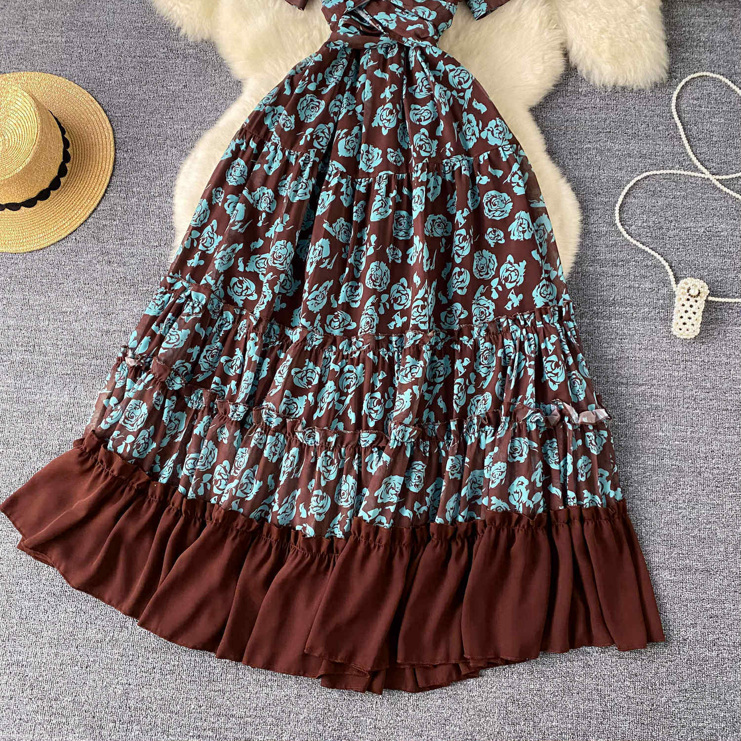 Floral Vintage Ruffle Maxi Dress – Boho Summer Off-Shoulder Gown