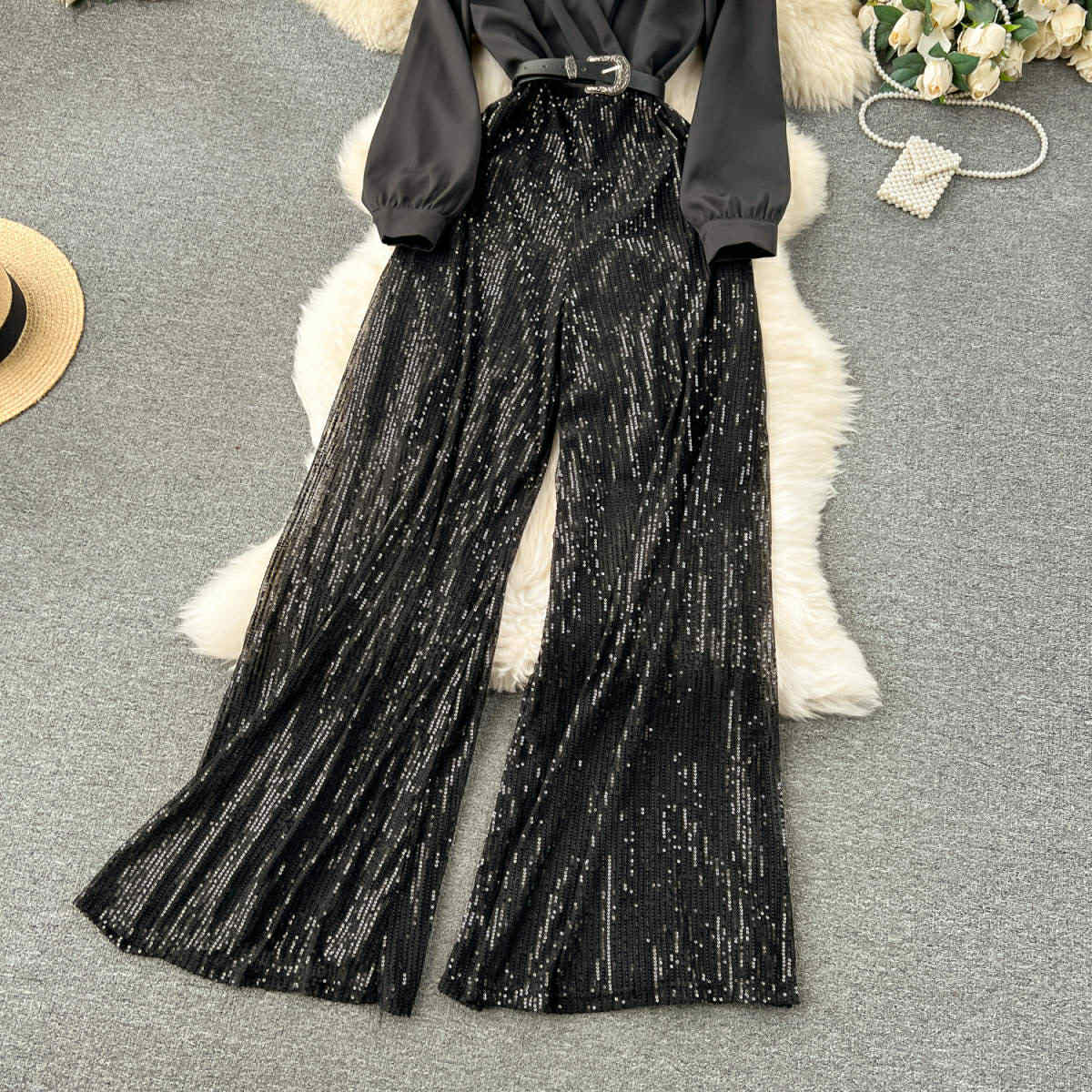 Black Satin & Sequin Belted Jumpsuit – Evening Glam Look
