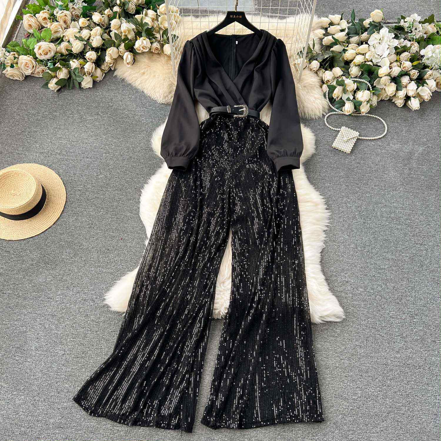 Black Satin & Sequin Belted Jumpsuit – Evening Glam Look