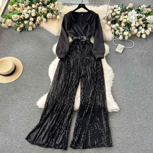 Black Satin & Sequin Belted Jumpsuit – Evening Glam Look