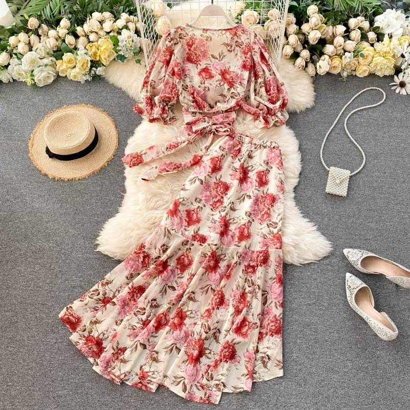 Romantic Ruffle Floral Two-Piece Set – Blouse & Maxi Skirt Ensemble