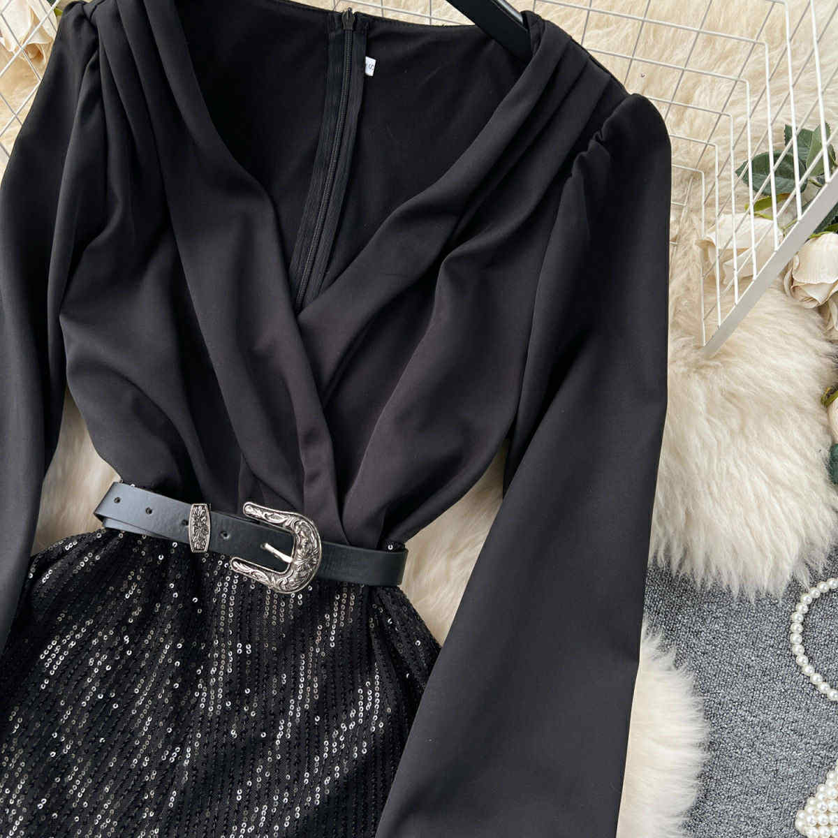 Black Satin & Sequin Belted Jumpsuit – Evening Glam Look