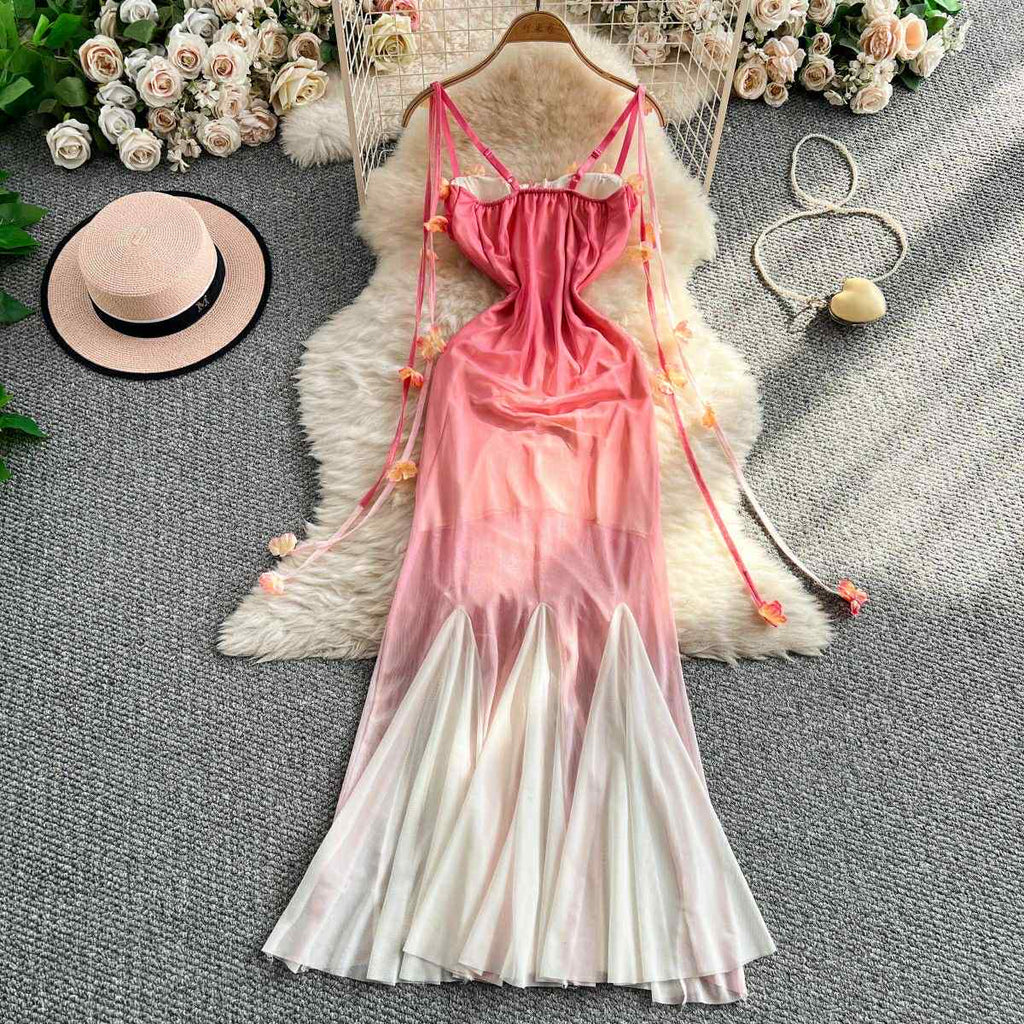 Fairycore Pink Gradient Flower Strap Mermaid Dress – Party & Photoshoot Wear
