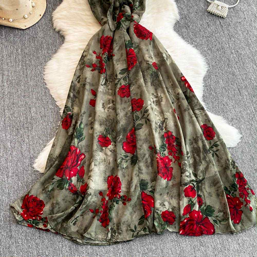 Vintage Olive Rose Dress – Red Floral Print Backless Gown