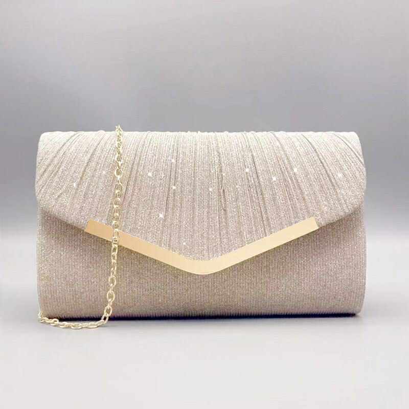 Classic Champagne Glitter Clutch – Gold Chain Envelope Bag for Evening & Party Wear