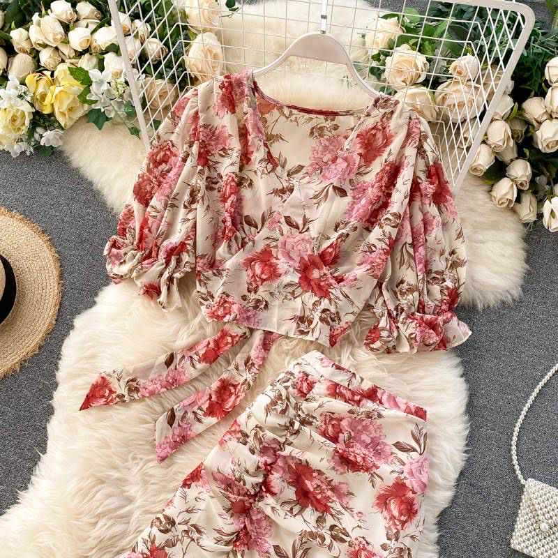 Romantic Ruffle Floral Two-Piece Set – Blouse & Maxi Skirt Ensemble