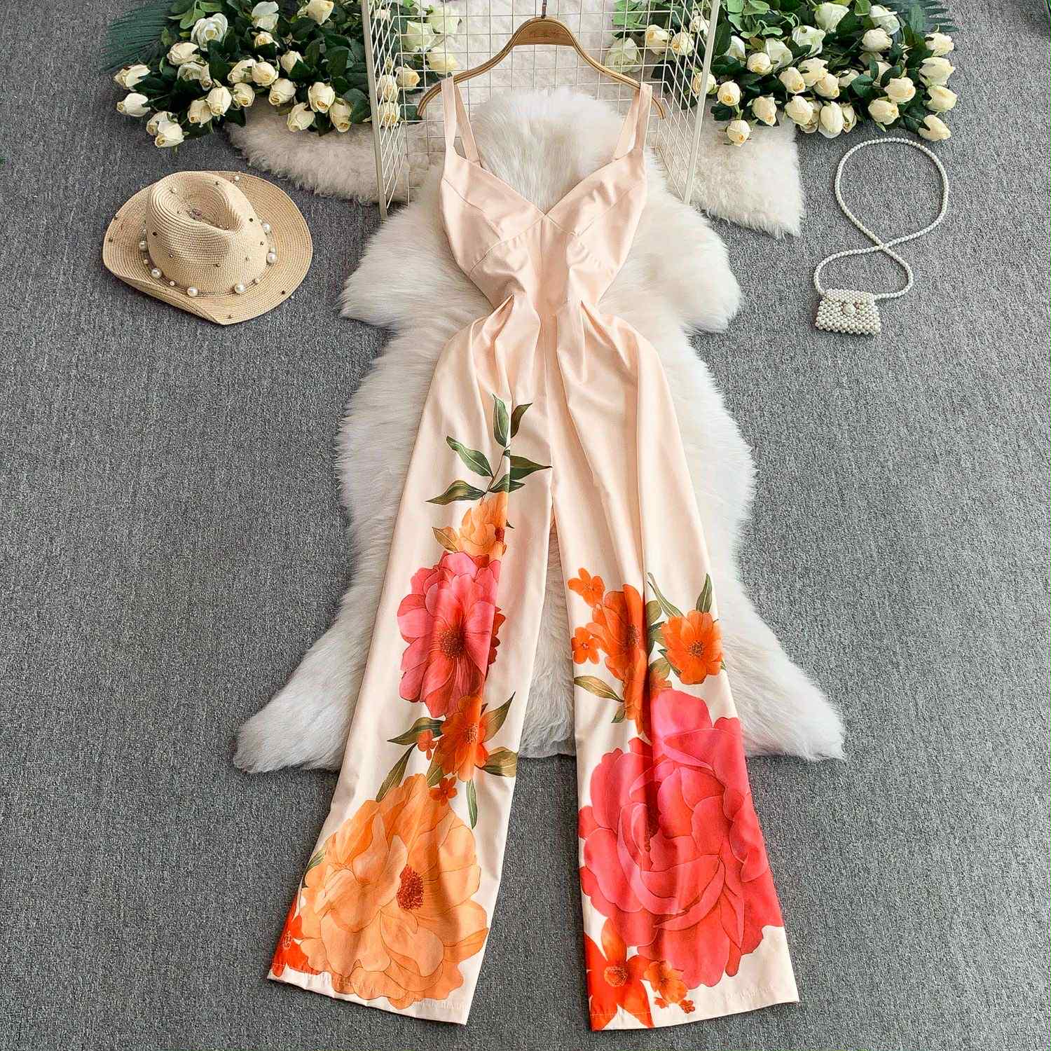 Peach Floral Wide-Leg Jumpsuit – Summer Elegance