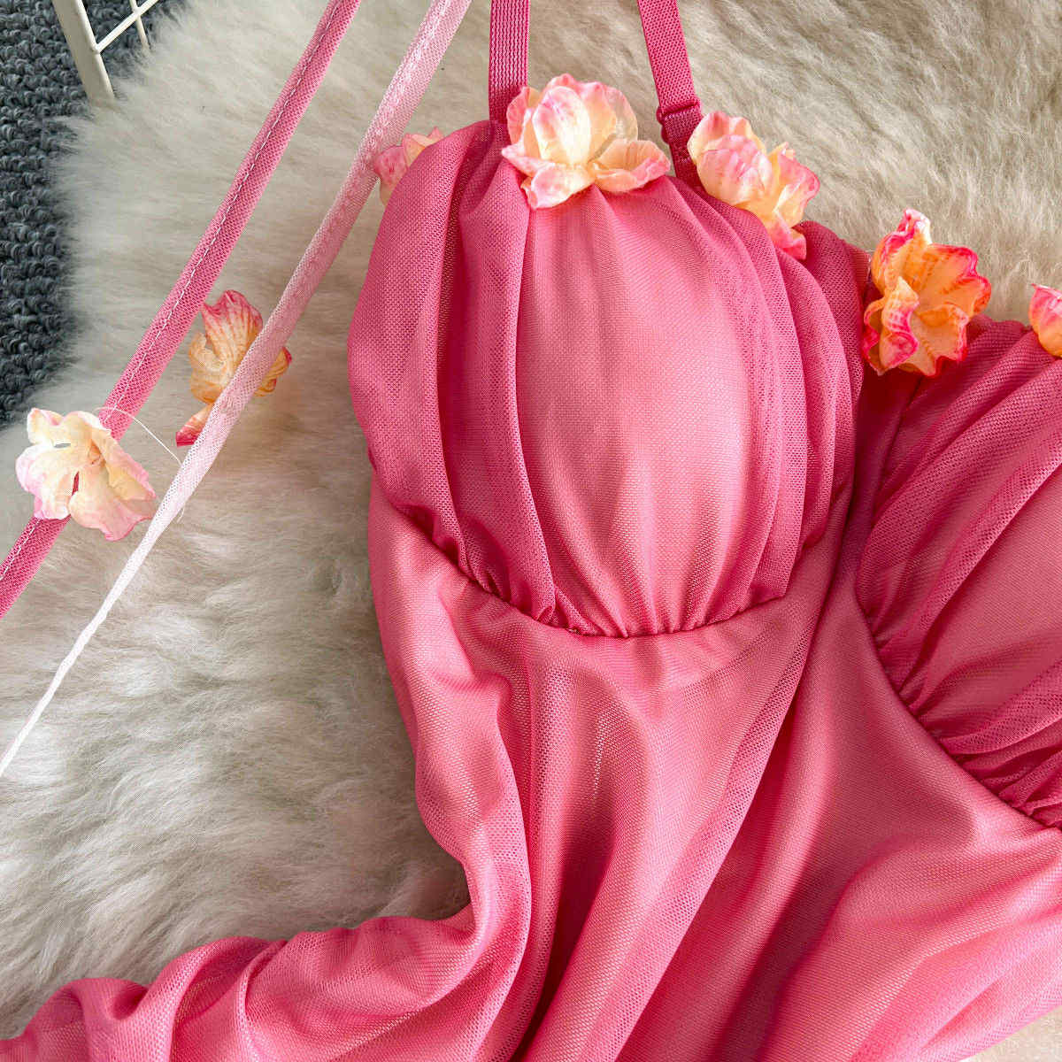 Fairycore Pink Gradient Flower Strap Mermaid Dress – Party & Photoshoot Wear