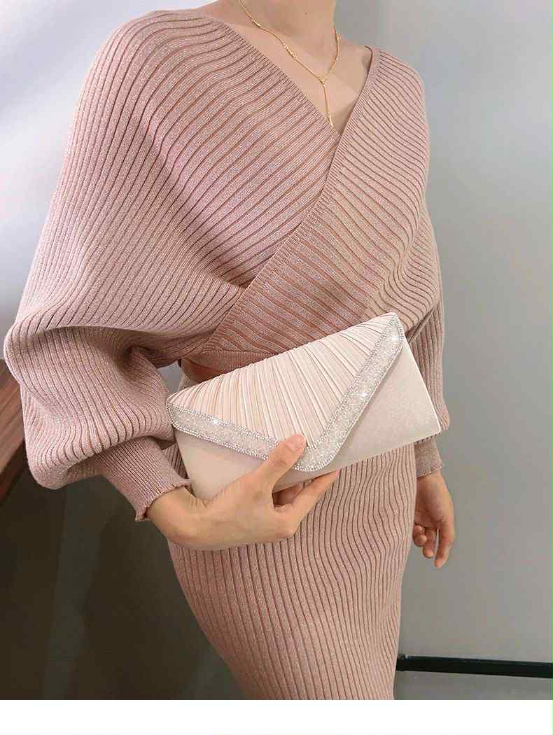 Champagne Crystal Trim Pleated Clutch – Elegant Bridal & Party Purse