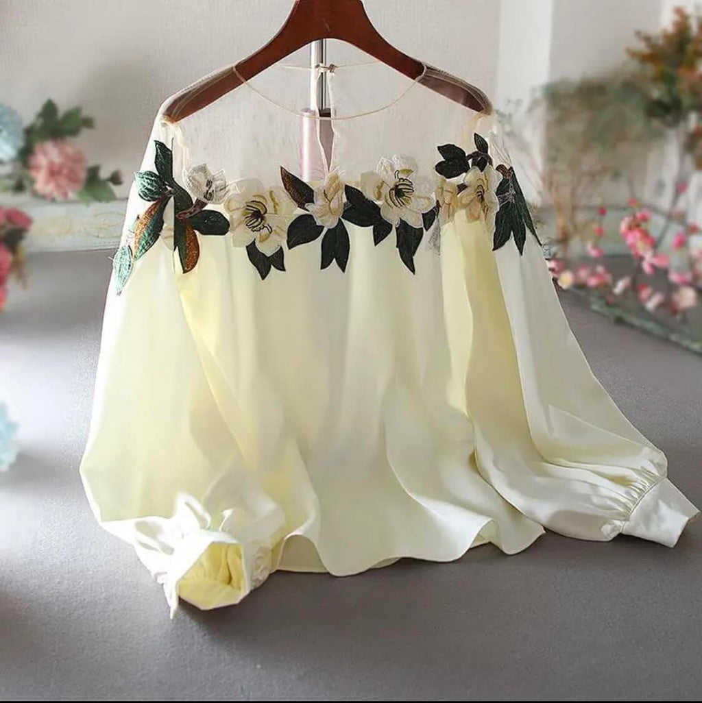 Floral Embroidered Chiffon Blouse – Elegant Sheer Neck Top