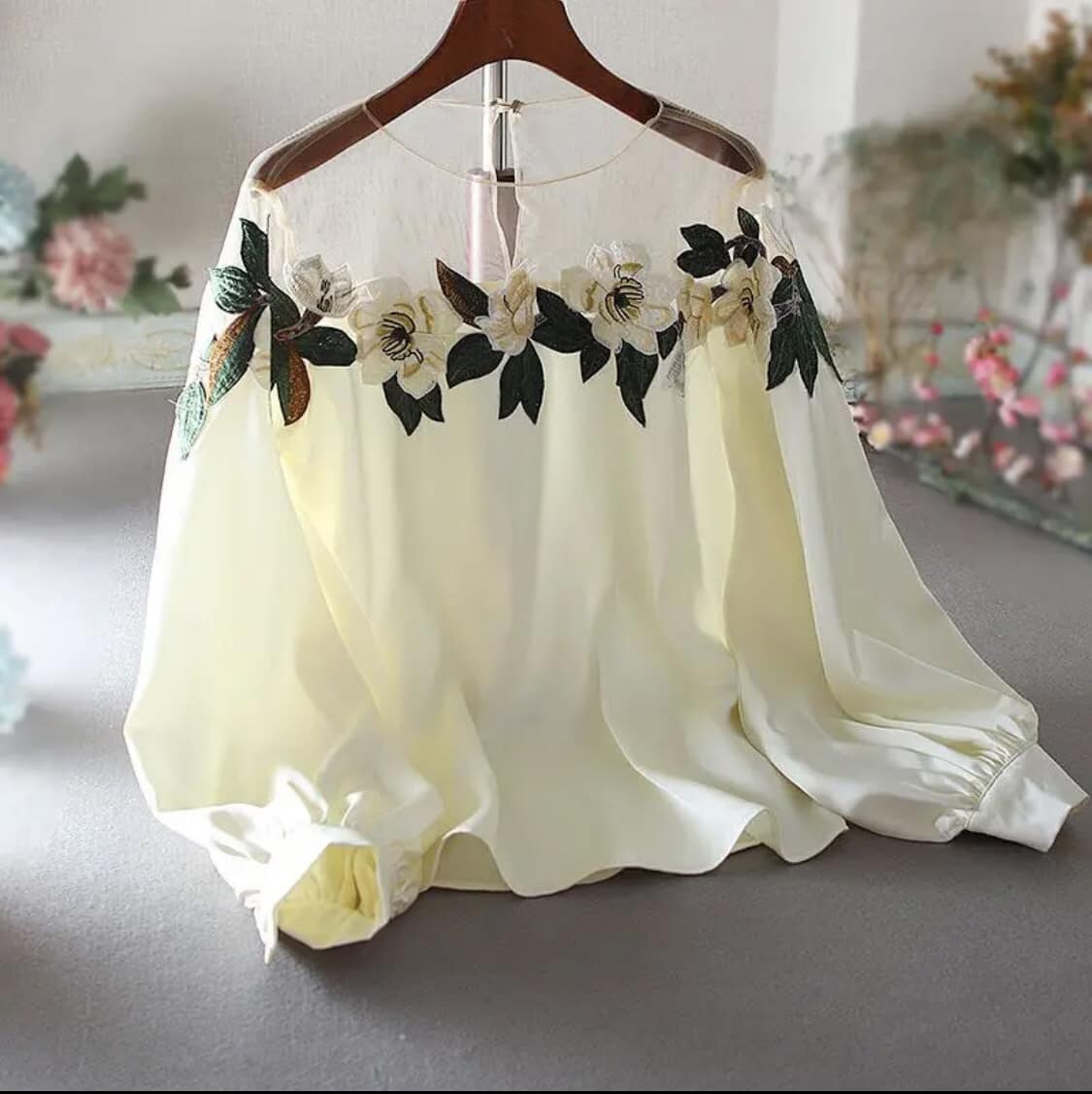 Floral Embroidered Chiffon Blouse – Elegant Sheer Neck Top