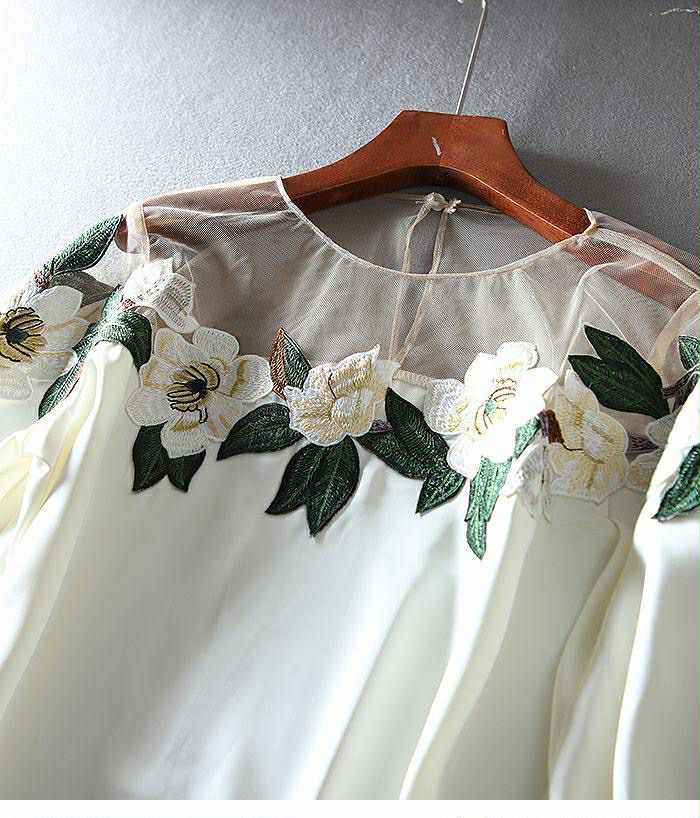Floral Embroidered Chiffon Blouse – Elegant Sheer Neck Top
