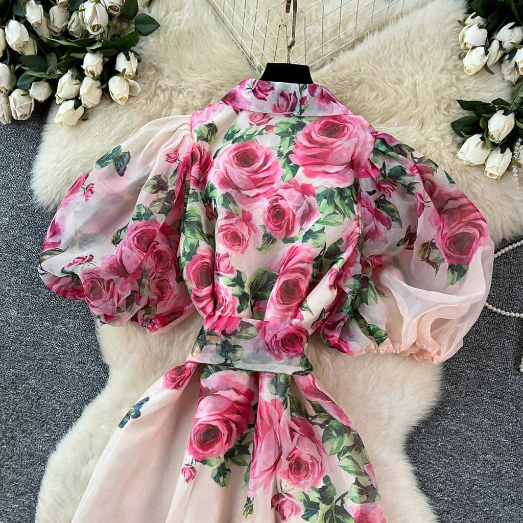 Blush Pink Organza Rose Garden Dress – Puff Sleeve Button-Down Maxi