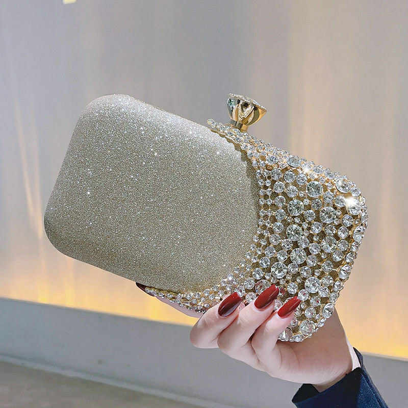 Luxury Rhinestone Evening Clutch – Golden Sparkle with Crystal Crown Clasp
