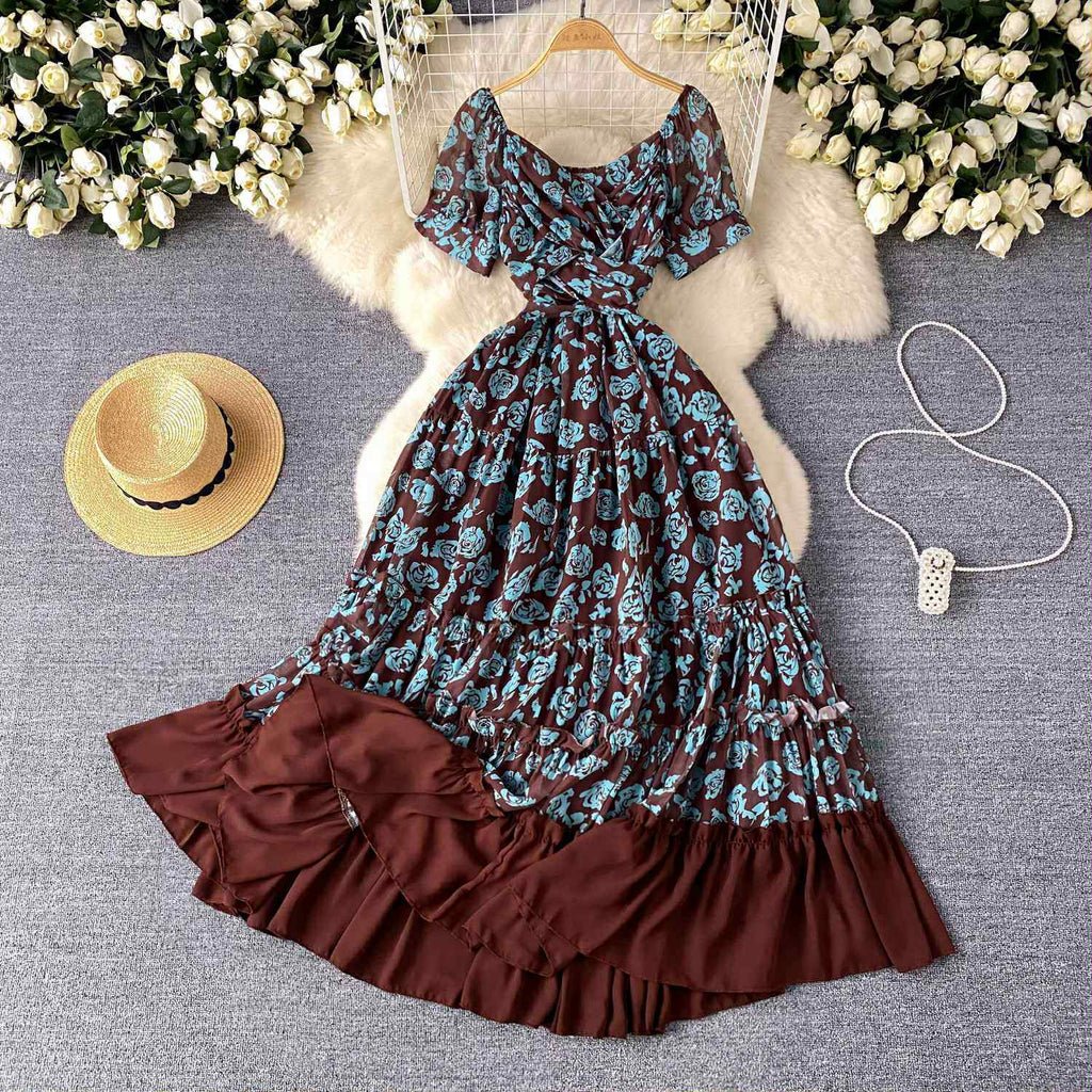 Floral Vintage Ruffle Maxi Dress – Boho Summer Off-Shoulder Gown