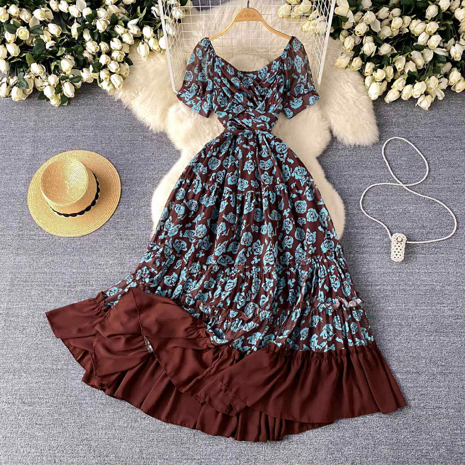 Floral Vintage Ruffle Maxi Dress – Boho Summer Off-Shoulder Gown