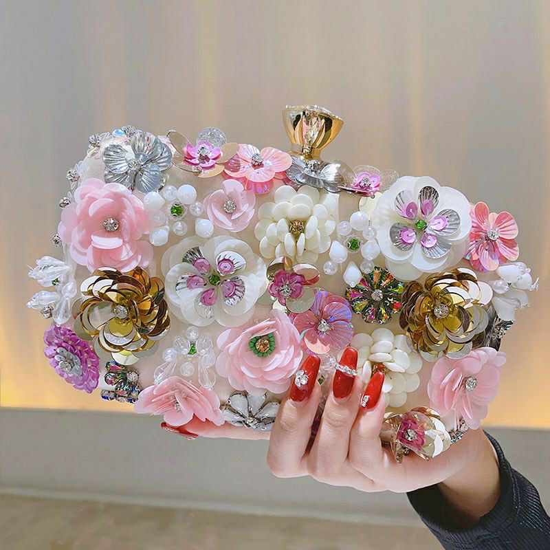 3D Floral Crystal Clutch – Multicolor Handcrafted Bloom Purse with Crown Clasp