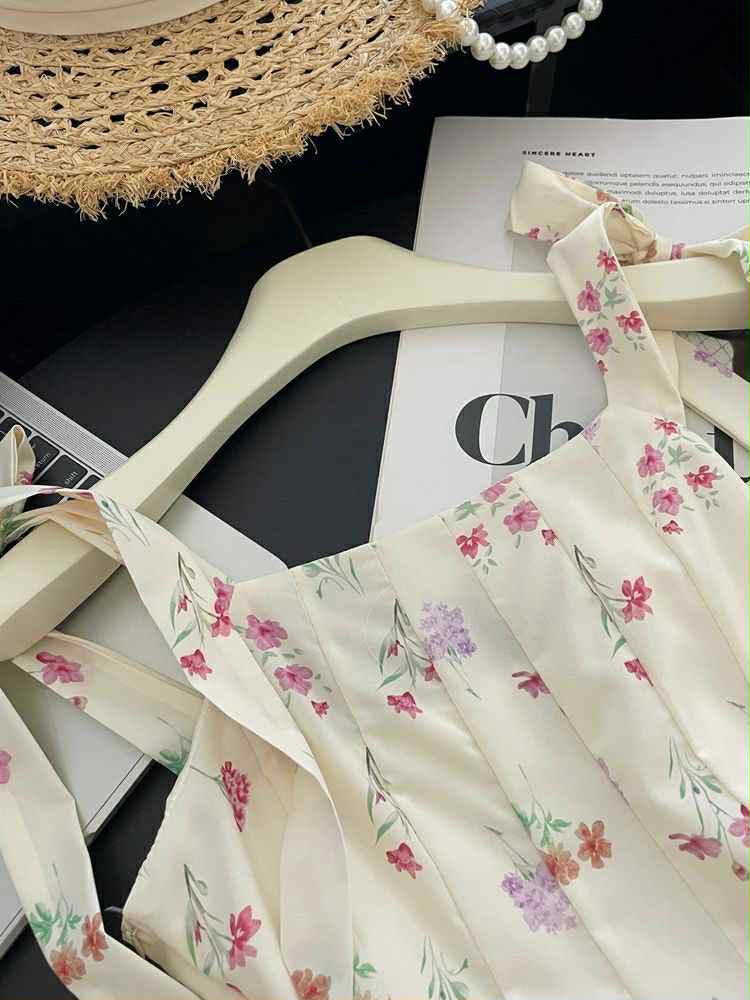 Soft Cream Floral Tie-Strap Sundress – Summer & Casual Wear
