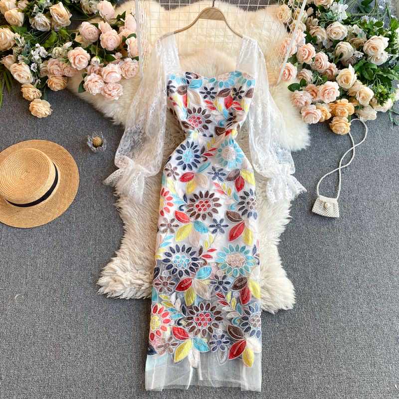 Elegant Floral Embroidered Mesh Dress with Lace Sleeves