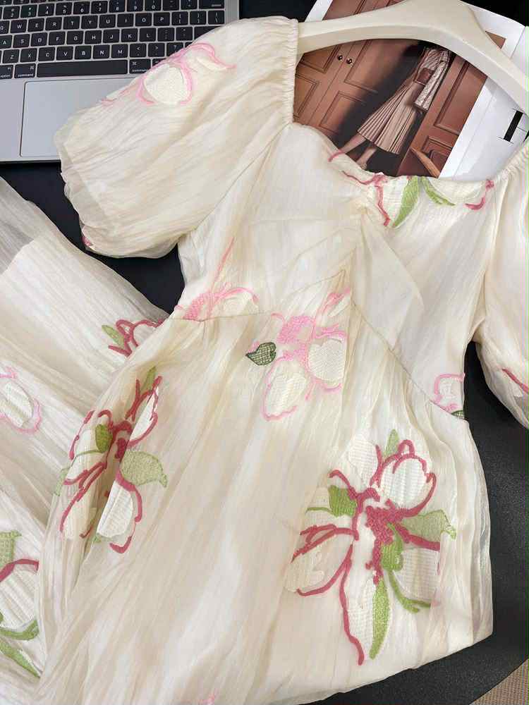 Floral Whisper Organza Dress – Ivory & Rose Embroidery