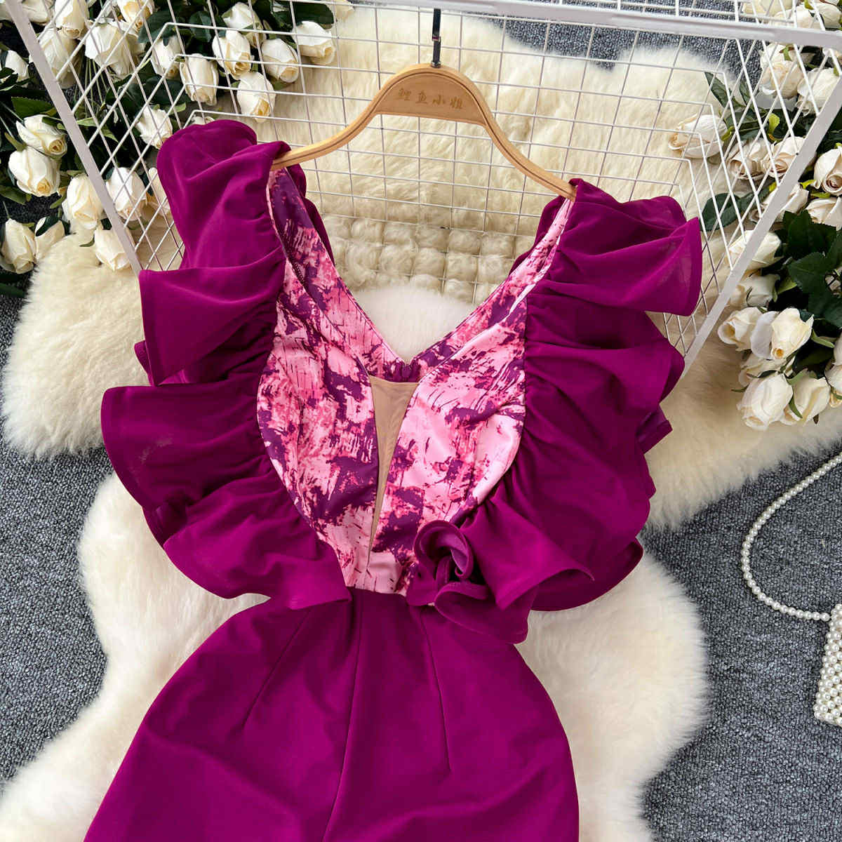 Fuchsia Ruffle V-Neck Wide-Leg Jumpsuit – Glamorous Party Wear