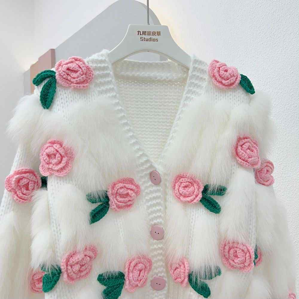Blush Garden Furry Knit Cardigan – 3D Rose Embroidery