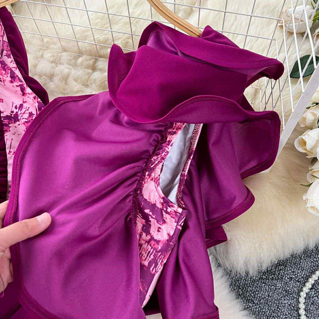 Fuchsia Ruffle V-Neck Wide-Leg Jumpsuit – Glamorous Party Wear