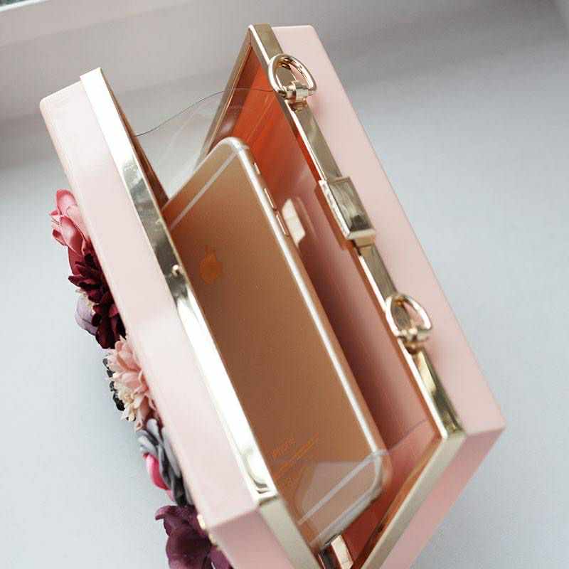 Blush Pink Floral Box Clutch with 3D Flower Embellishments – Romantic Evening Purse