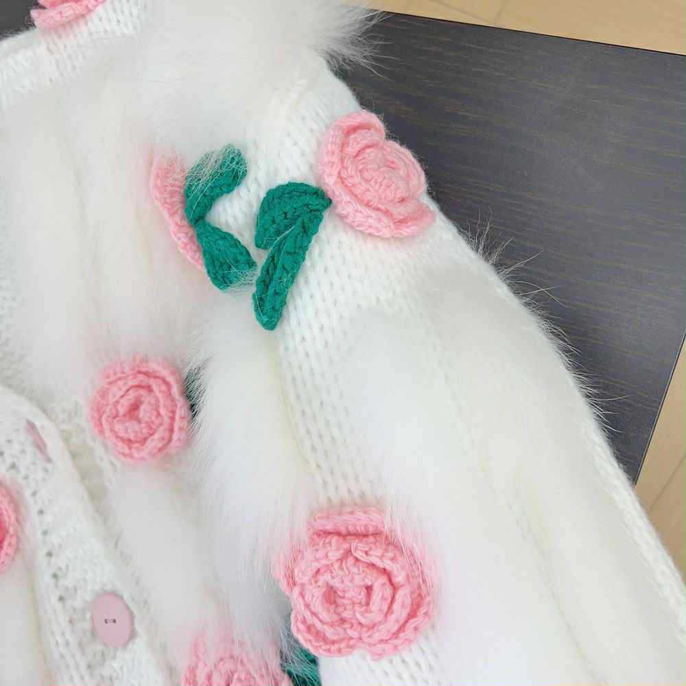 Blush Garden Furry Knit Cardigan – 3D Rose Embroidery