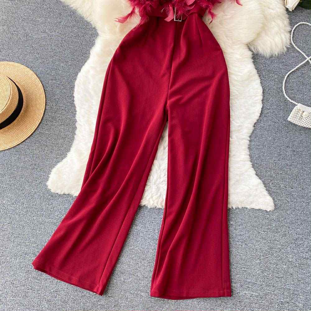 Glam Burgundy Feather Tube Jumpsuit – Party Wear