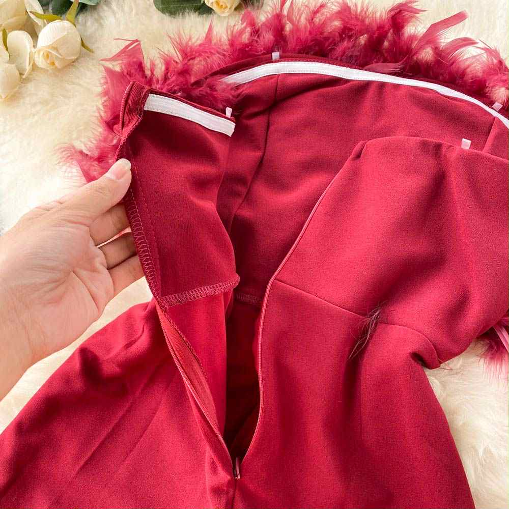 Glam Burgundy Feather Tube Jumpsuit – Party Wear