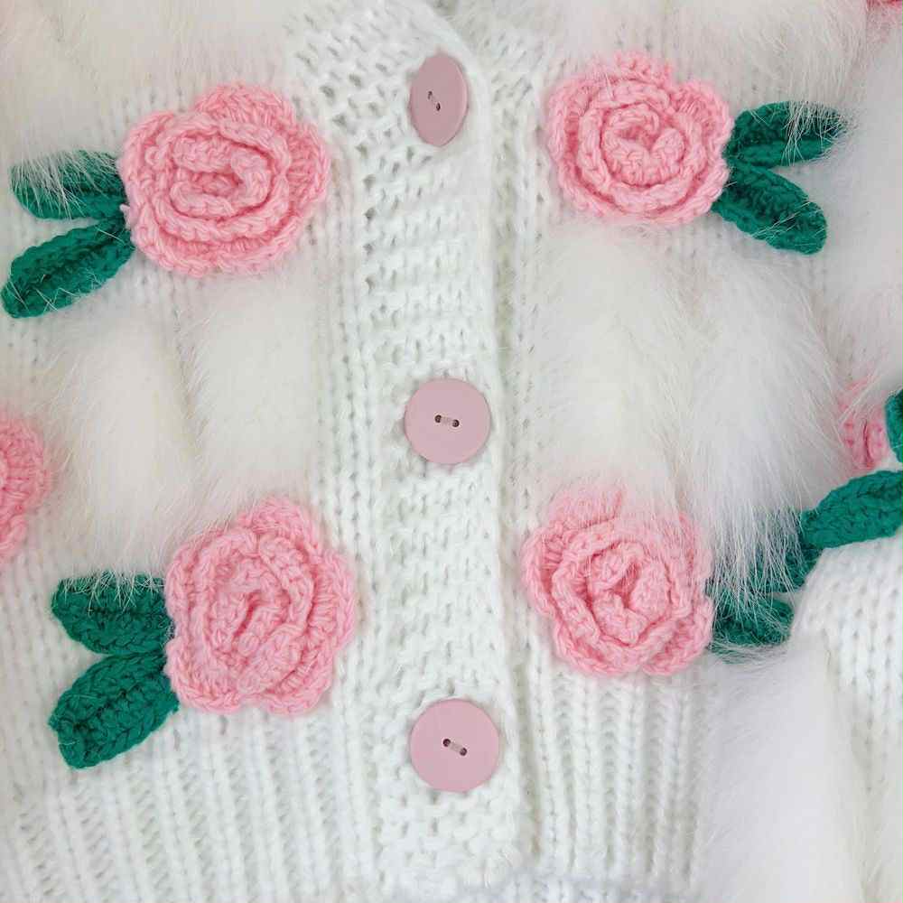 Blush Garden Furry Knit Cardigan – 3D Rose Embroidery
