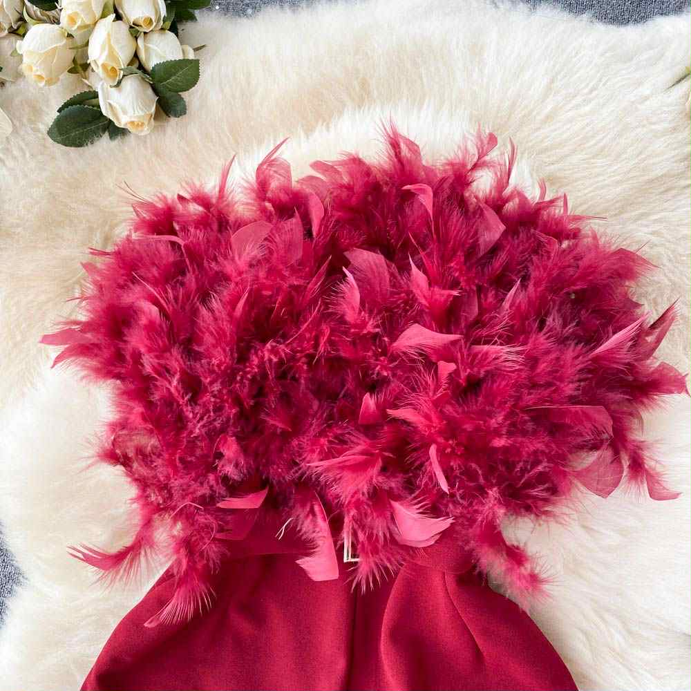 Glam Burgundy Feather Tube Jumpsuit – Party Wear