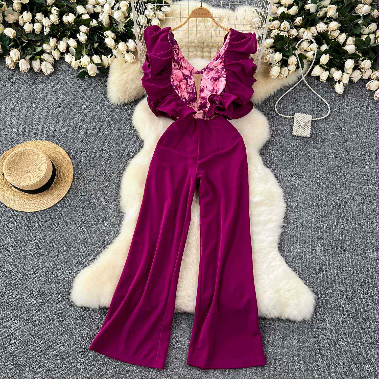 Fuchsia Ruffle V-Neck Wide-Leg Jumpsuit – Glamorous Party Wear